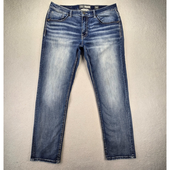 BKE Buckle Nolan Jeans 38x32 Straight Fit Blue Feather Whisker y2k 2000s (36x30) - Picture 1 of 14